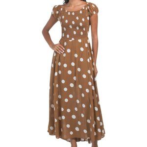Free People Boho Maxi Dress Polka Dot S Small Open Back Summer Midi Brown Cotton